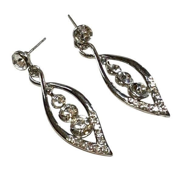 Silver Tone Dangle Earrings Rhinestone Inlay - Picture 1 of 3
